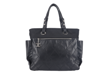 CHANEL PARIS BIARRITZ MEDIUM TOTE (1251xxxx) BLACK COATED CANVAS SILVER HARDWARE WITH , DUST COVER AND BOX