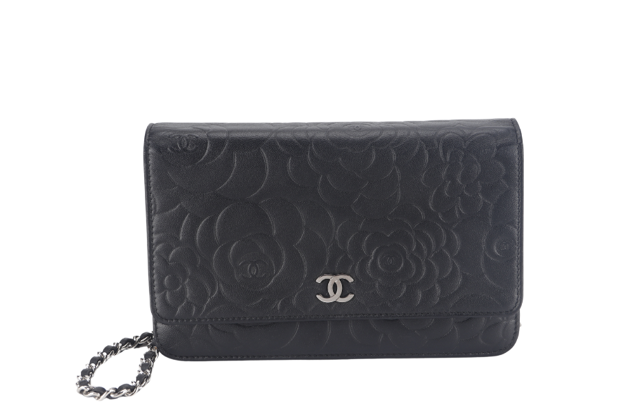 CHANEL CAMELLIA W.O.C (1609xxxx) BLACK EMBOSSED LAMBSKIN SILVER HARDWARE  WITH  AND BOX