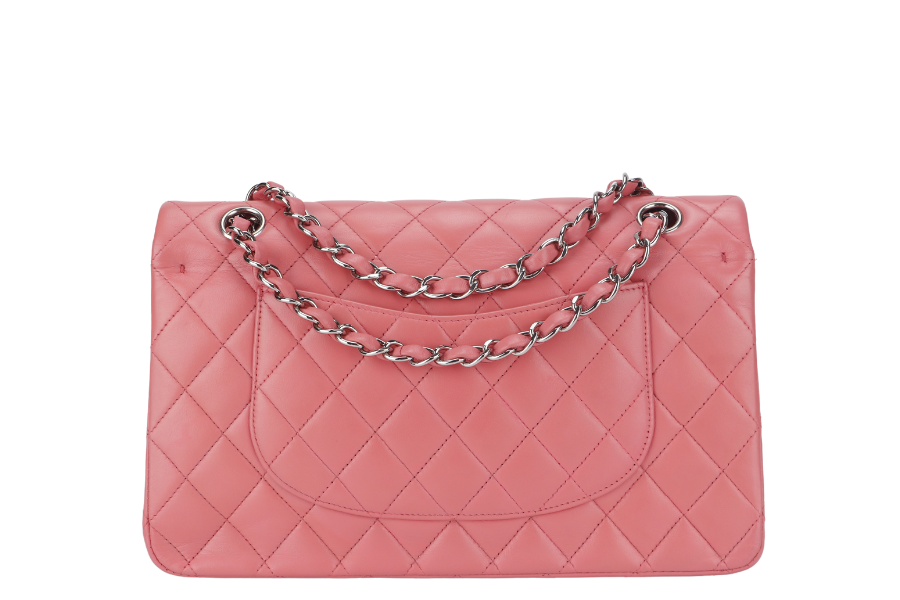 CHANEL FLAP MEDIUM (1632xxxx) PINK LAMBSKIN LEATHER SILVER HARDWARE WITH , DUST COVER AND BOX