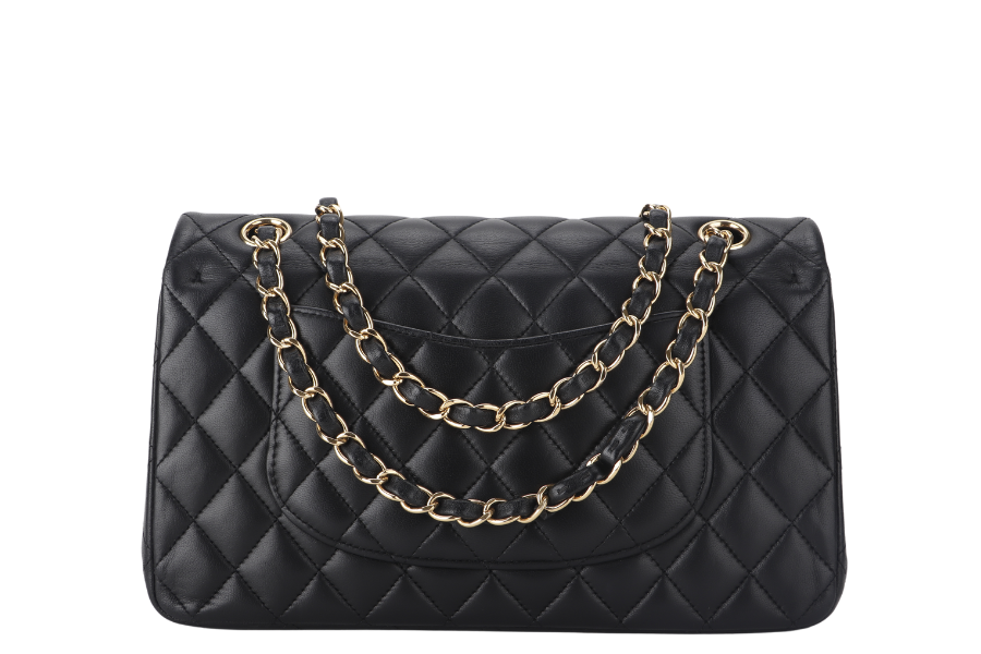 CHANEL CLASSIC FLAP MEDIUM BLACK LAMBSKIN GOLD HARDWARE WITH  (3040xxxx) WITH DUST COVER  AND BOX