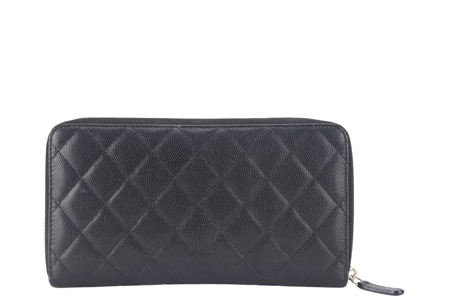 CHANEL ZIP AROUND WALLET (2450xxxx) BLACK CAVIAR LEATHER GOLD HARDWARE WITH  AND BOX