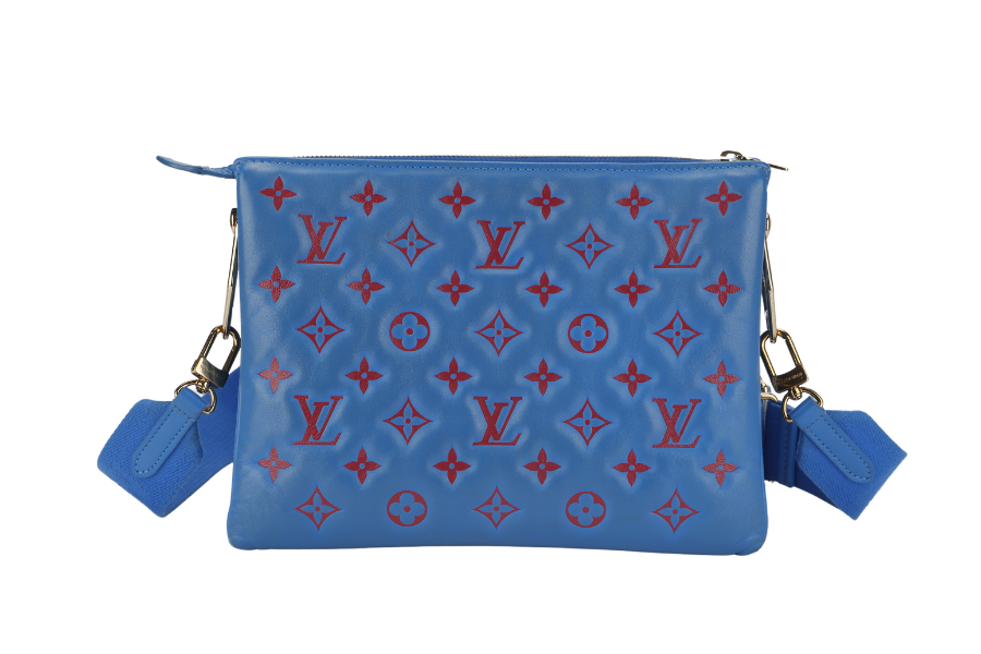 LOUIS VUITTON COUSSIN CROSSBODY BAG PM BLUE & RED EMBOSSED LAMBSKIN GOLD HARDWARE MICROCHIP WITH DUST COVER AND BOX