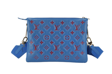 LOUIS VUITTON COUSSIN CROSSBODY BAG PM BLUE & RED EMBOSSED LAMBSKIN GOLD HARDWARE MICROCHIP WITH DUST COVER AND BOX