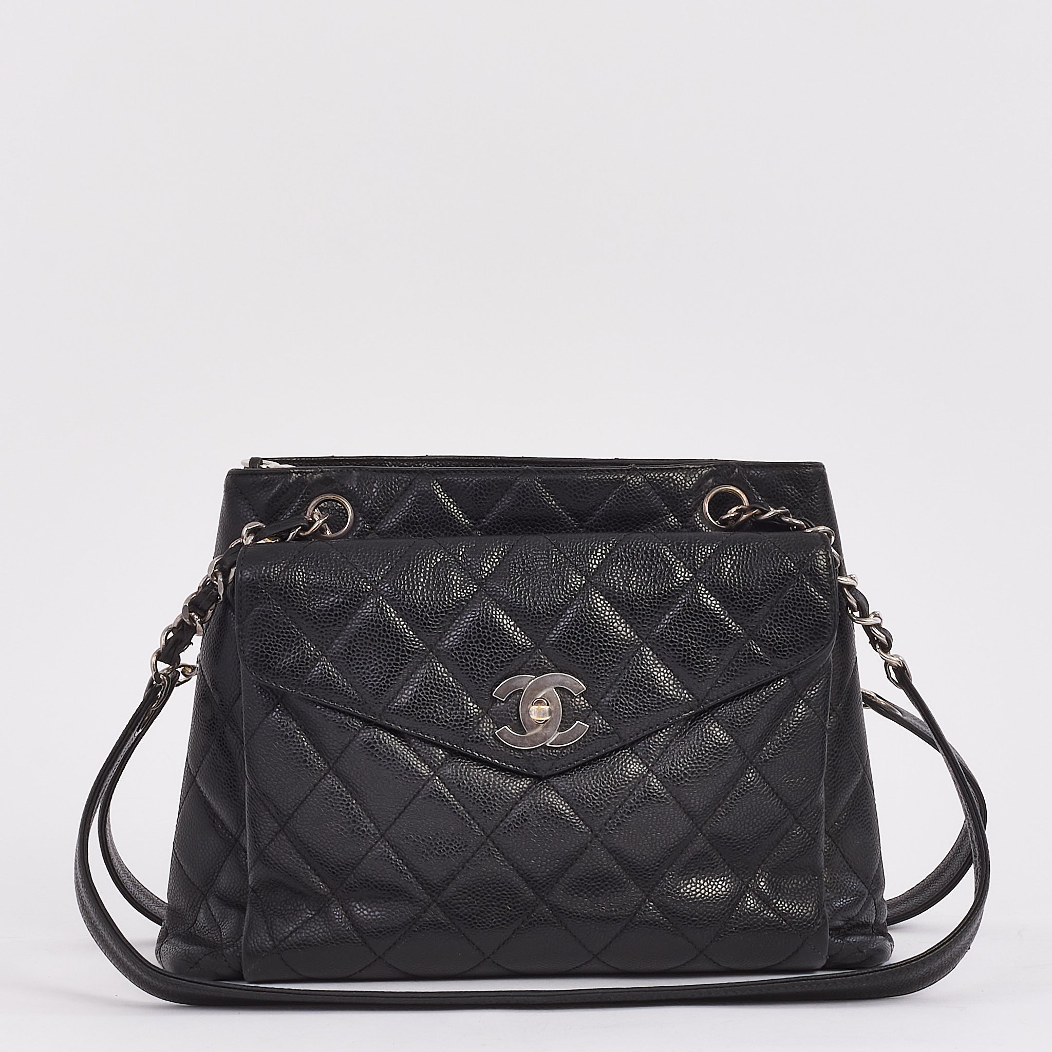 Chanel Vintage Black Caviar Leather Front Pocket Shoulder Bag