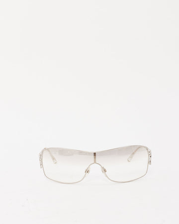 Chanel Vintage Silver Metal Clear Lens Crystal CC Logo Shield Sunglasses