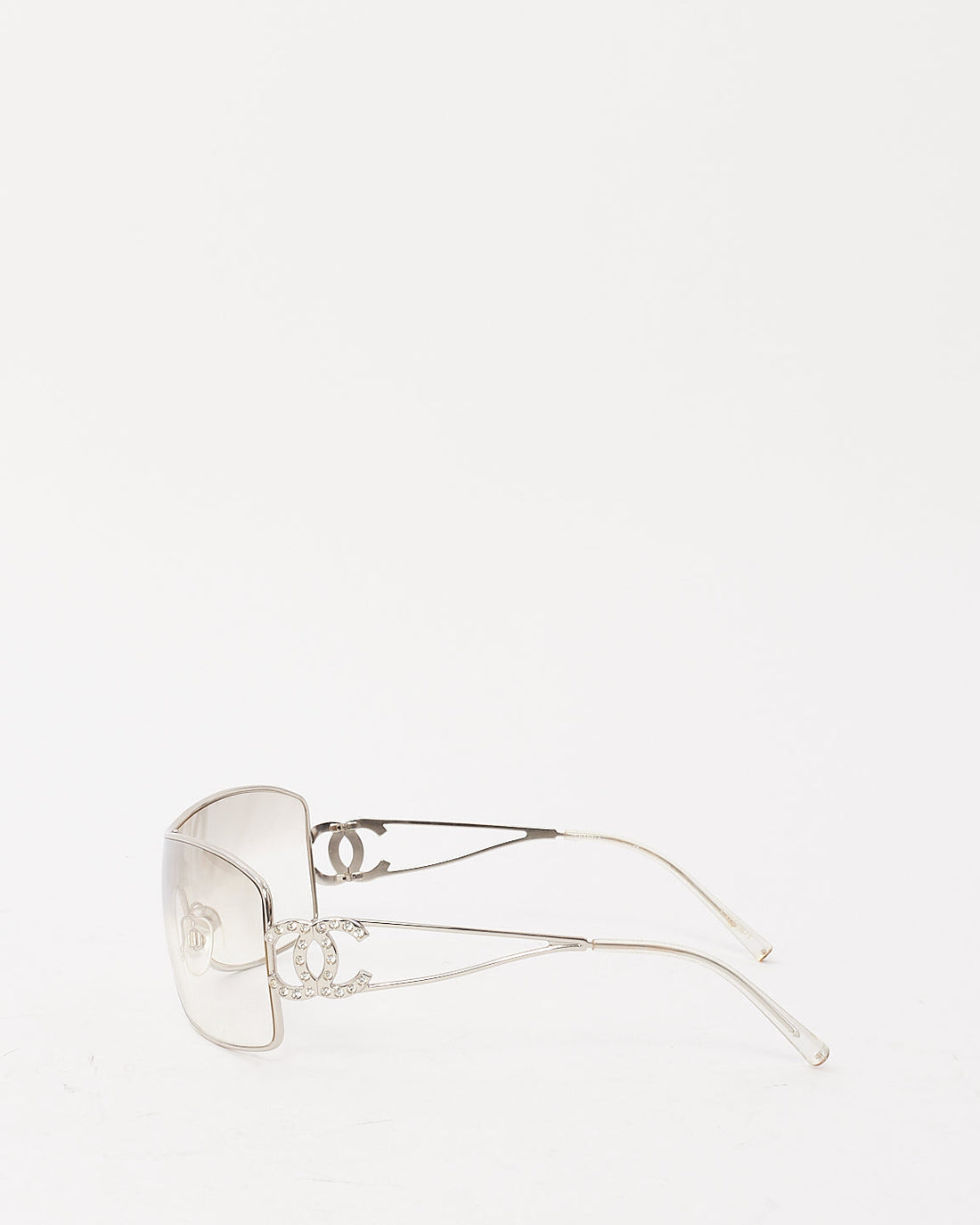 Chanel Vintage Silver Metal Clear Lens Crystal CC Logo Shield Sunglasses