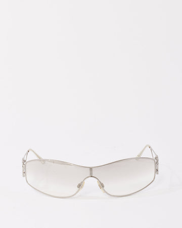 Chanel Vintage Silver Metal With CC Rhinestone Logo Clear Lense Sunglasses