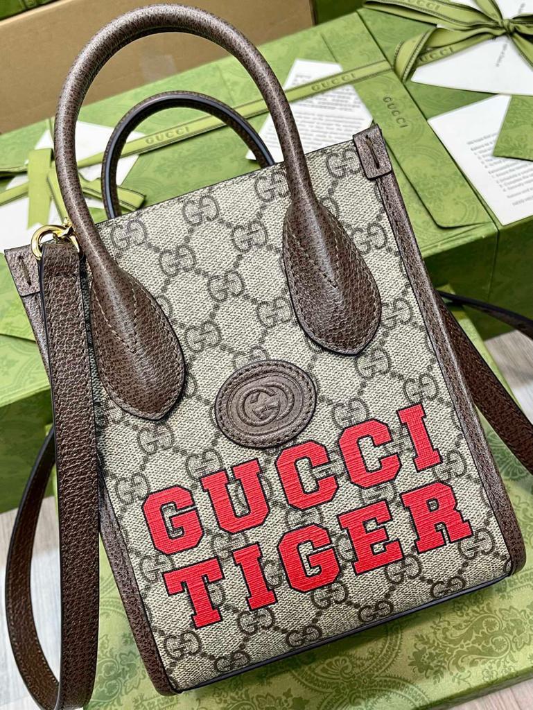 gg Tiger gg Mini Tote Bag Beige And Ebony gg Supreme Canvas Brown For Womtlm 7.8in/20cm gg 671623 US7EC 9396