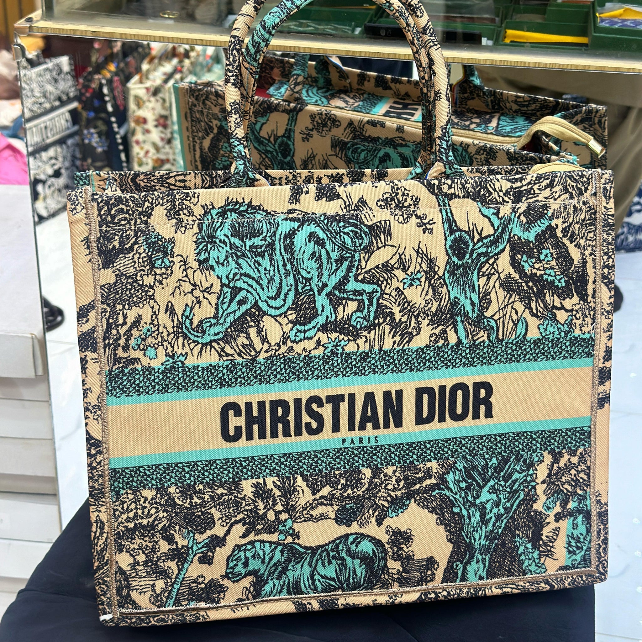 Christian Dior Women Bag  High-Quality Denim Tote (Green/Cream/Black)