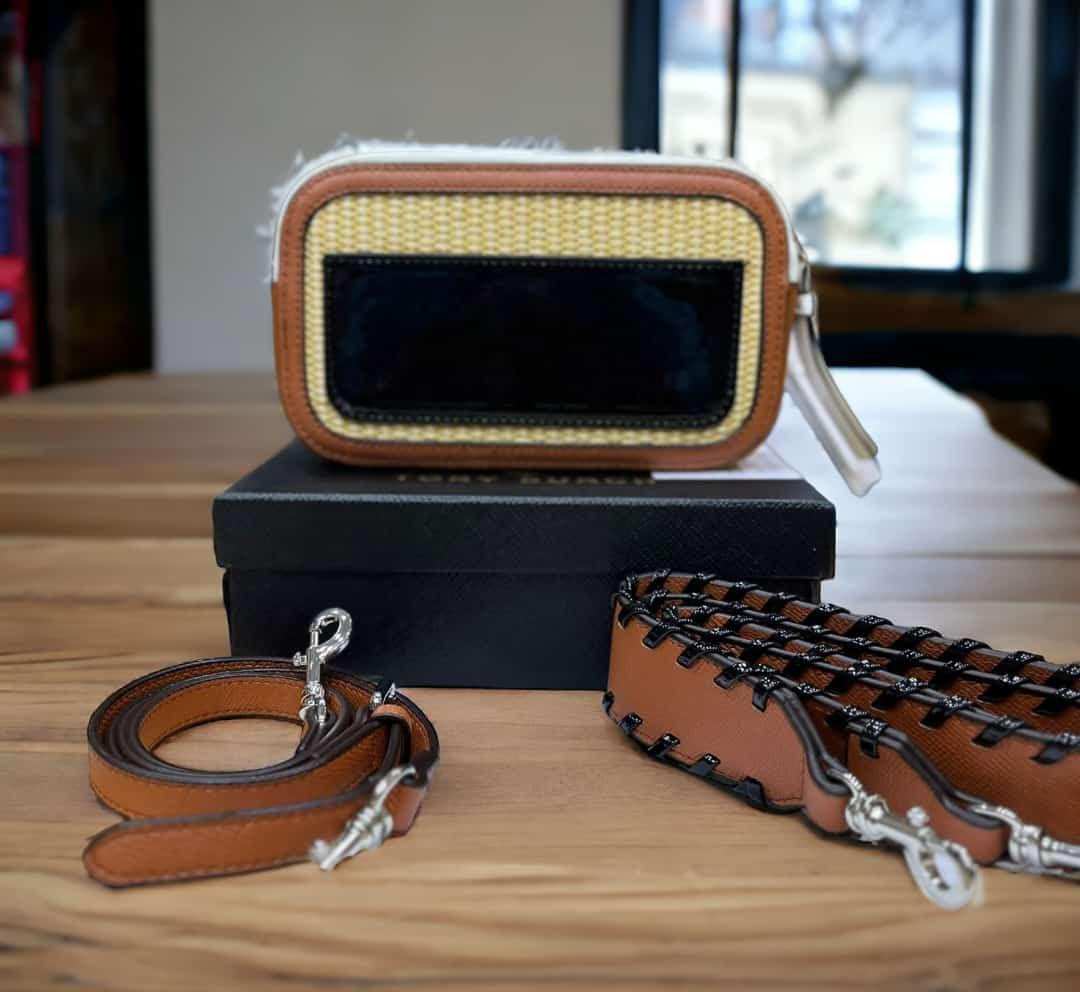 Tory Burch Mini Miller Raffia Crossbody Women Bag (Brown/White/Black)