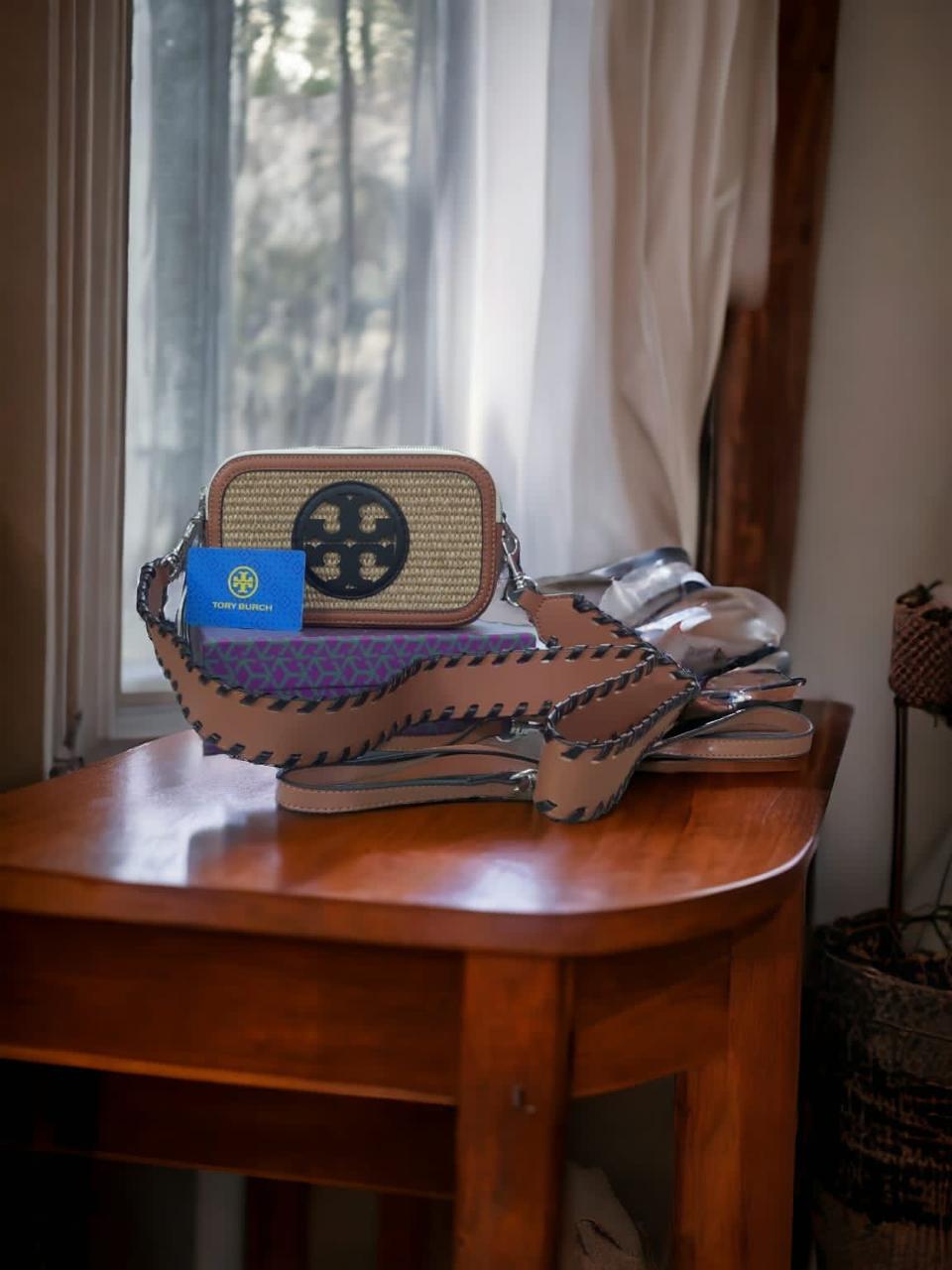 Tory Burch Mini Miller Raffia Crossbody Women Bag (Brown/White/Black)