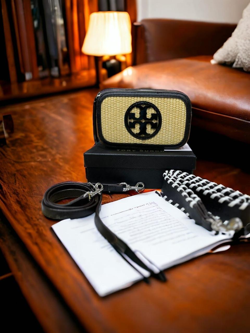 Tory Burch Mini Miller Raffia Crossbody Women Bag (Brown/Black)