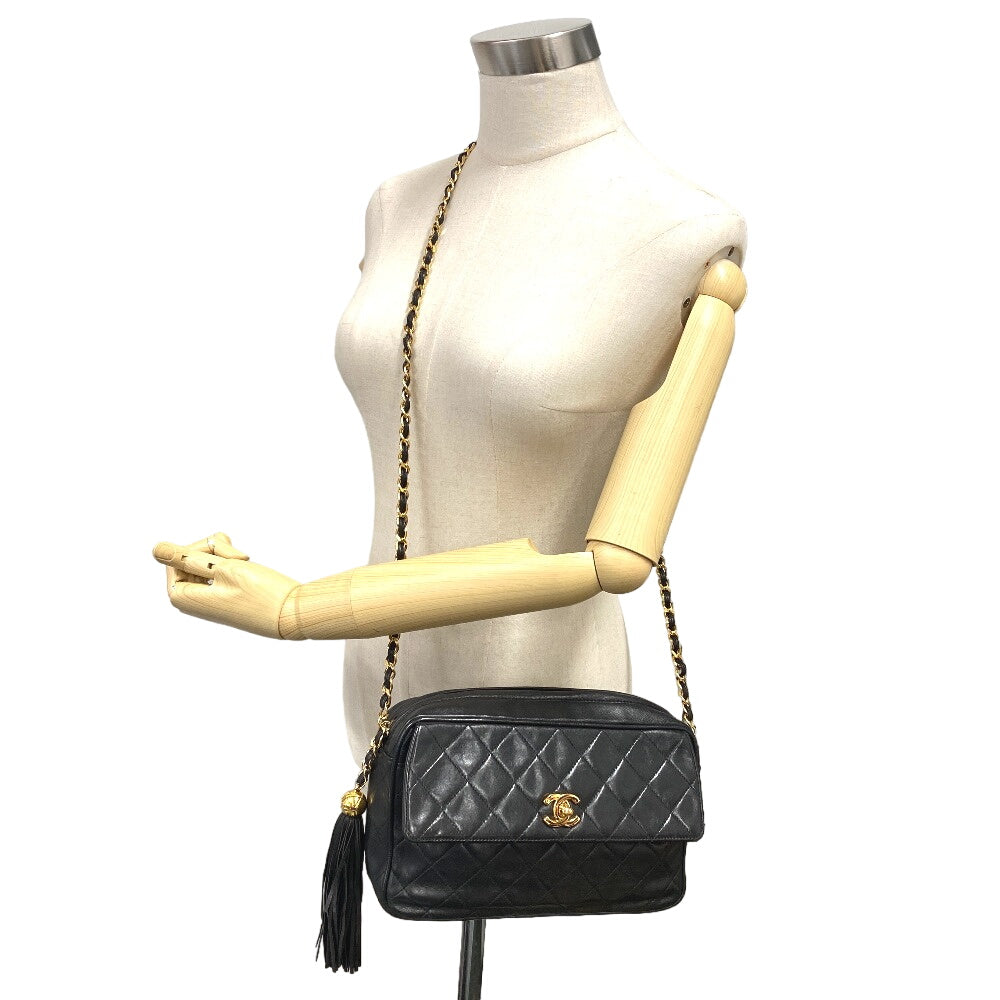 CHANEL Shoulder Bag lambskin black COCO Mark Fringe Matrasse