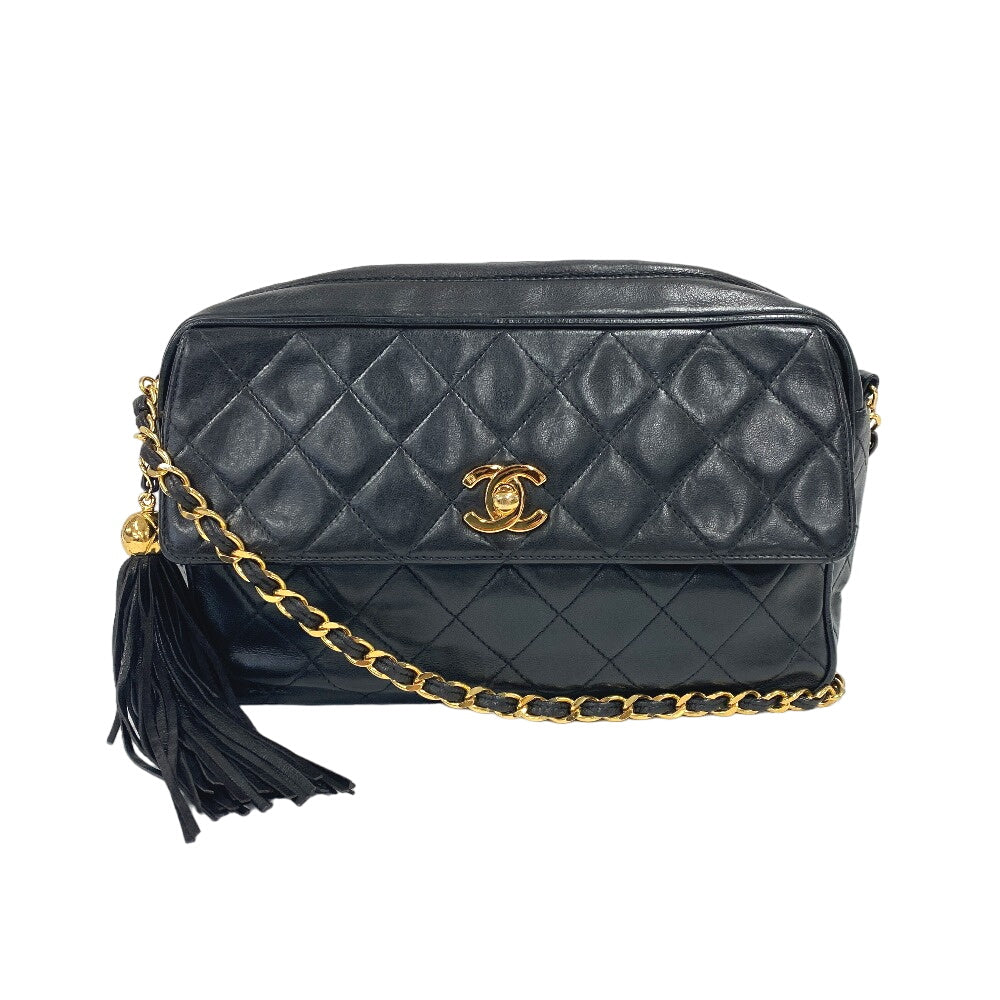 CHANEL Shoulder Bag lambskin black COCO Mark Fringe Matrasse