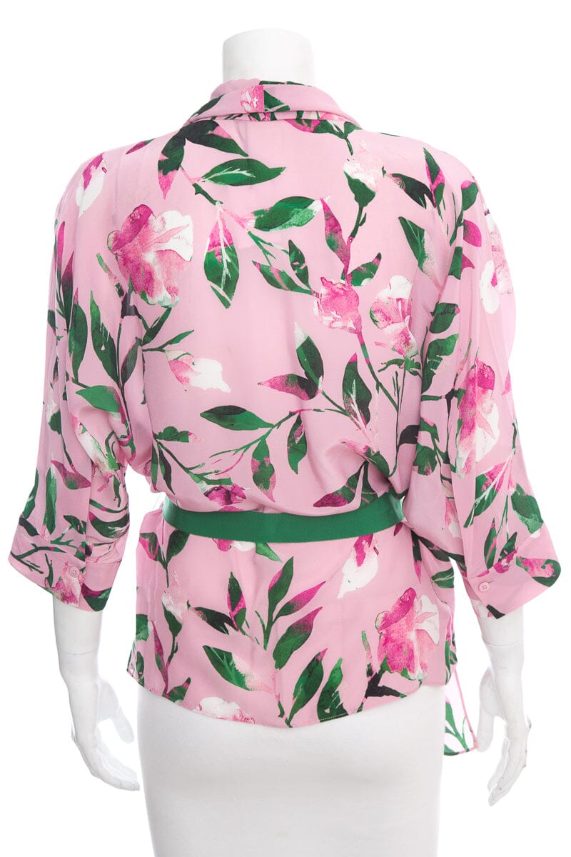 Carolina Herrera Pink and Green Leaf Print Wrap Blouse SZ S