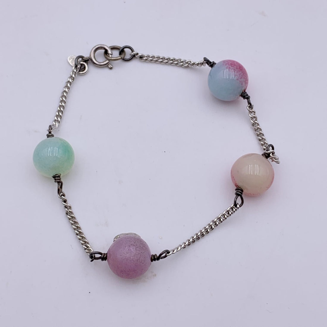 CHANEL Vintage Silver Metal Multicolored Beads Cc Logo Bracelet