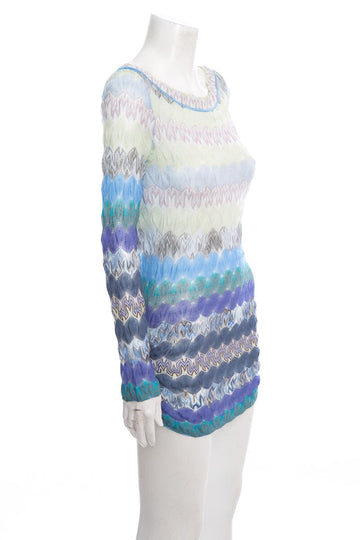 Missoni Blue and Green Knit Chevron Long Sleeve Mini Dress SZ 40