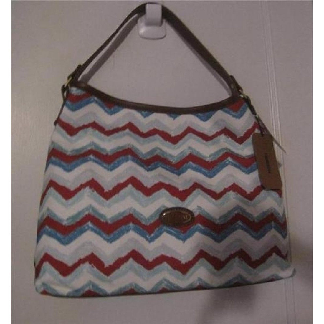 AMAZING, Missoni, NWT, red/white/blue chevron print canvas and tan leather shoulder bag