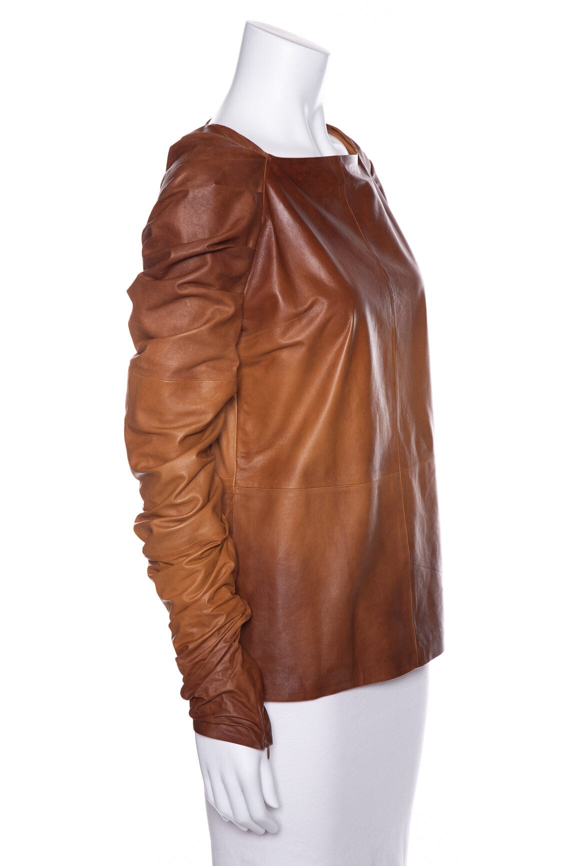 Tom Ford Brown Leather Ruched detail blouse SZ 42