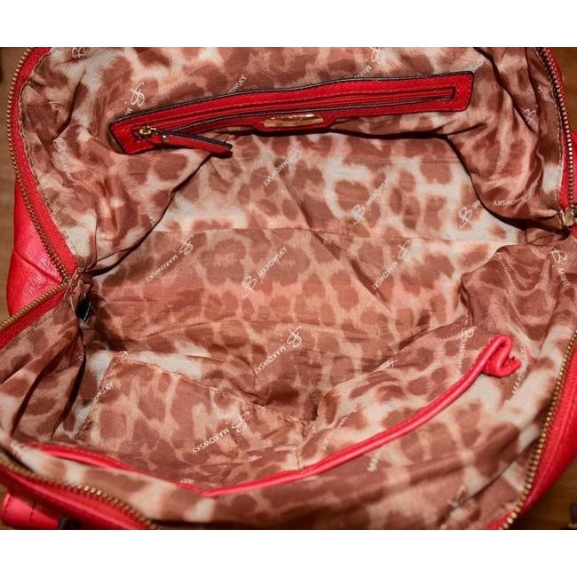 B Makowsky Cherry Red Leather Satchel With Muted Gold Accents