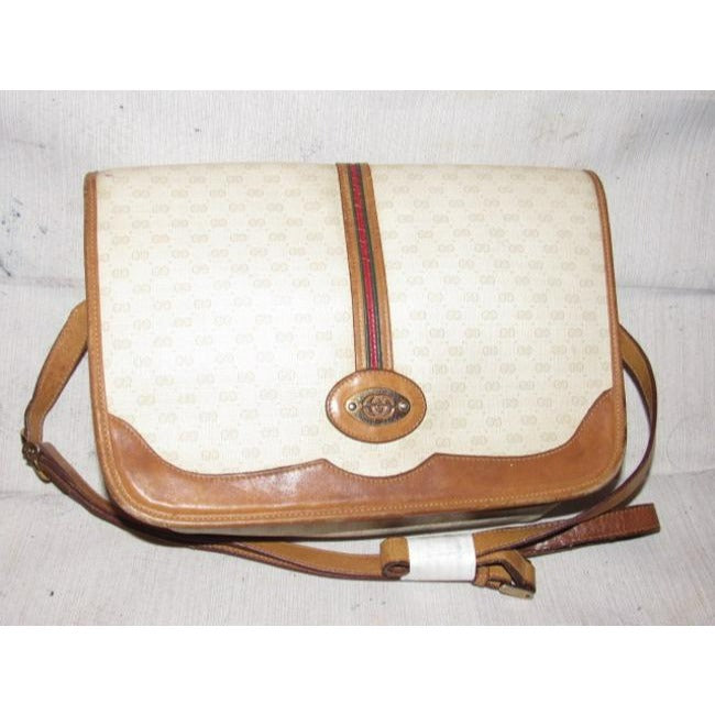 Gucci Vintage Purses Beige With Camel Small G Logo And Red Green Stripe Leather Coated