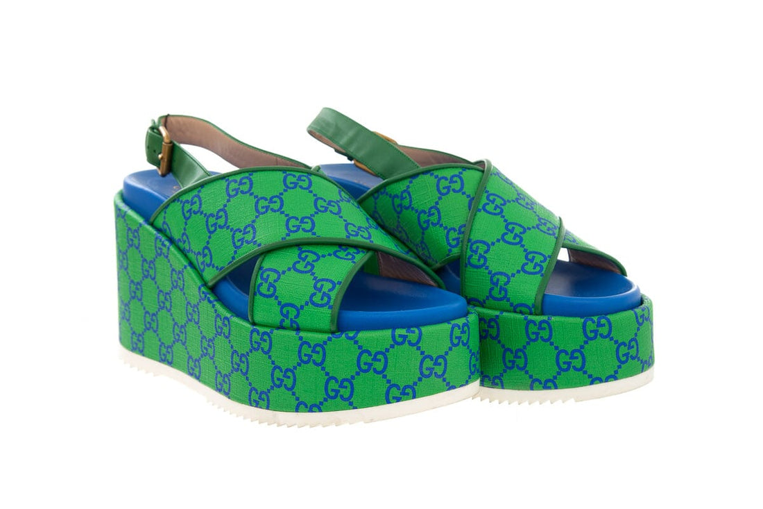 Gucci Blue & Green GG Supreme Platform Sandals SZ 39