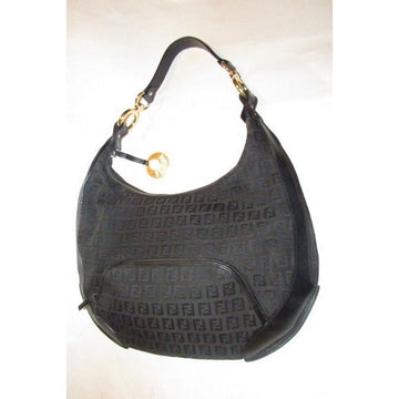 Fendi Chef Shoulder Purse Black Zucchino Or Small F Logo Print Canvas And Black Leather Hobo Bag