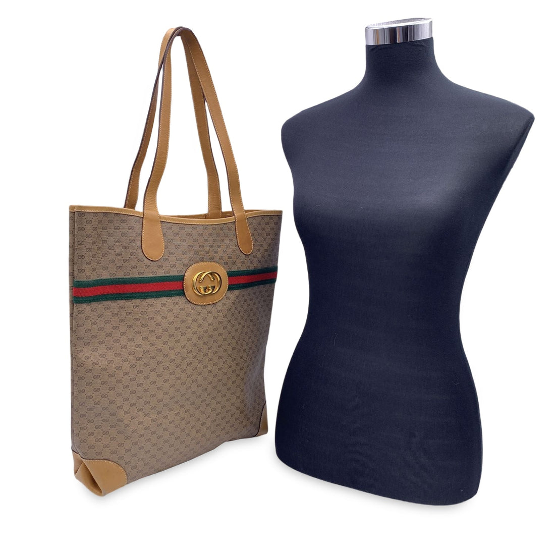 GUCCI Vintage Beige Gg Monogram Canvas Tote Shopping Bag Stripes