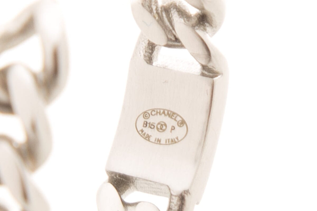 Chanel Silver CC Logo Chain Hoop Earrings