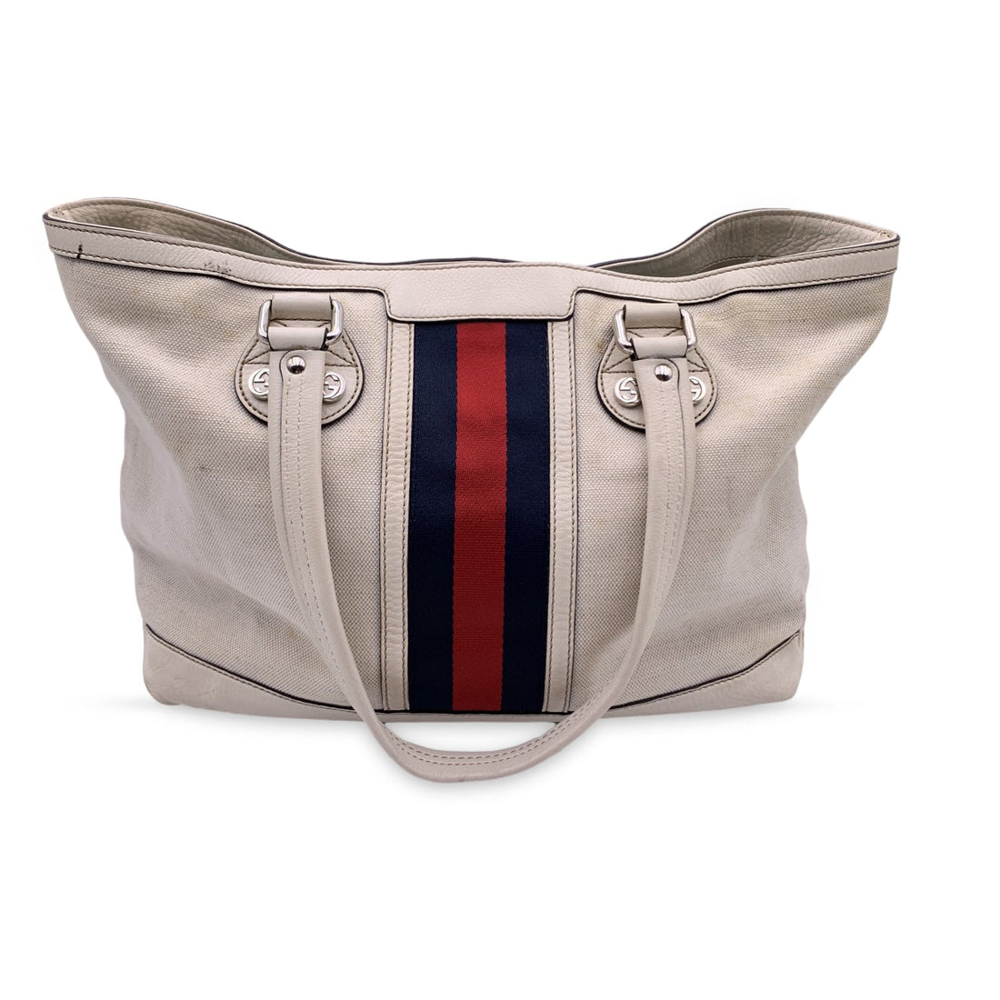 GUCCI White Canvas Web Sunset Tote Shopping Shoulder Bag