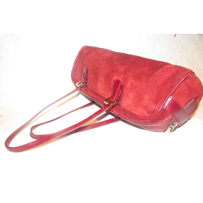 Fendi Style Shoulder Purses Dark Red Suede And Leather With Rose Gold Hardware Satchel