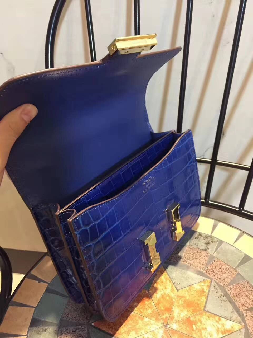 HM Constance 24 Pattern Crocodile Blue For Womtlm, Handbags, Shoulder Bag 9.4in/24cm