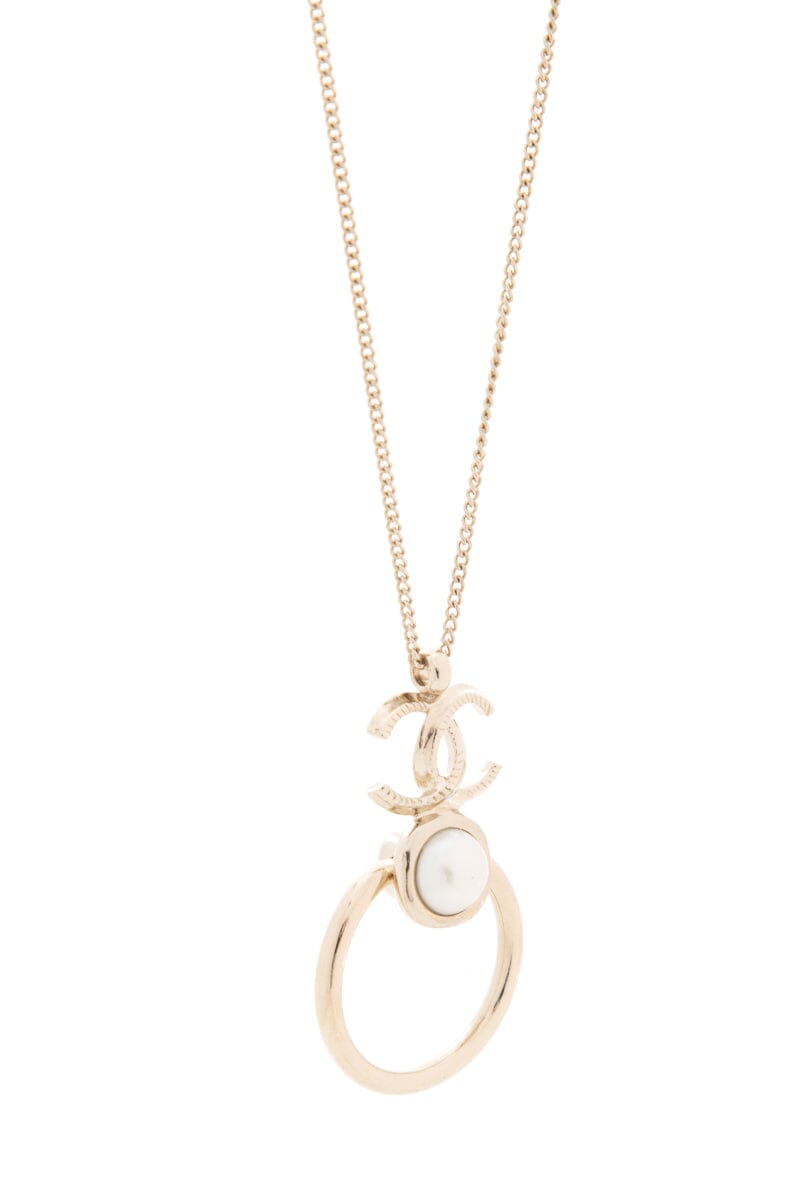 Chanel 2022 Cruise Metal Pearl CC Hoop Drop Pendant Silver Necklace