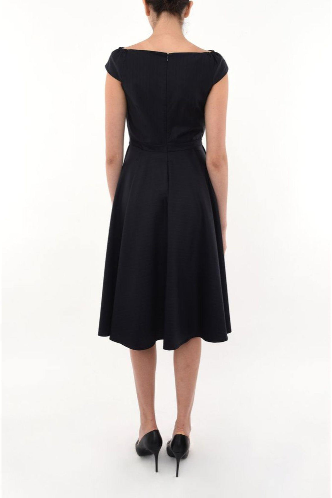 Boat Neck Fitted Bodice Midi Dress