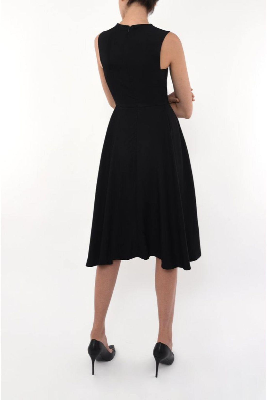 Crew Neck Fitted Swing Dress Black
