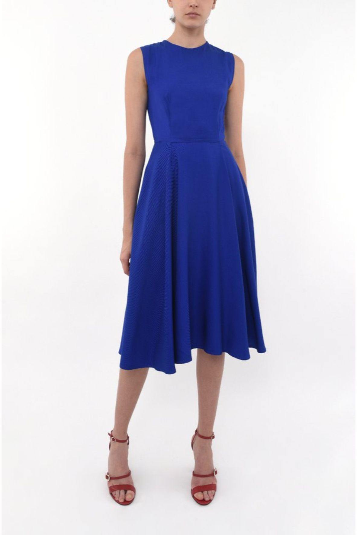 Crew Neck Fitted Swing Dress Blue