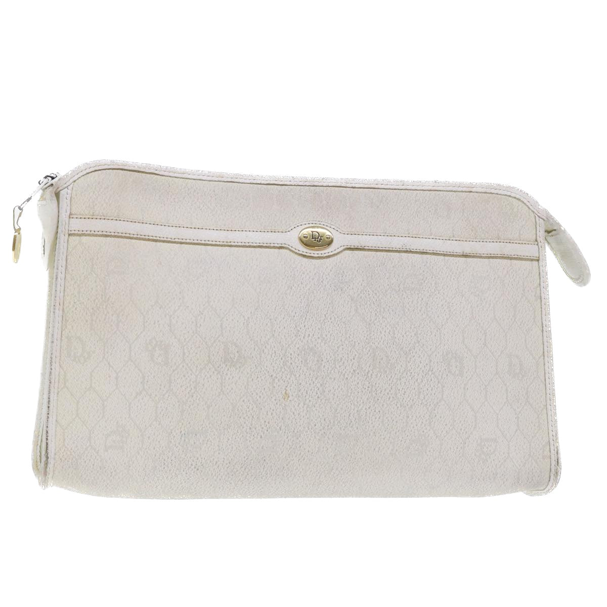 CHRISTIAN DIOR Honeycomb Canvas Clutch Bag White Auth am4852