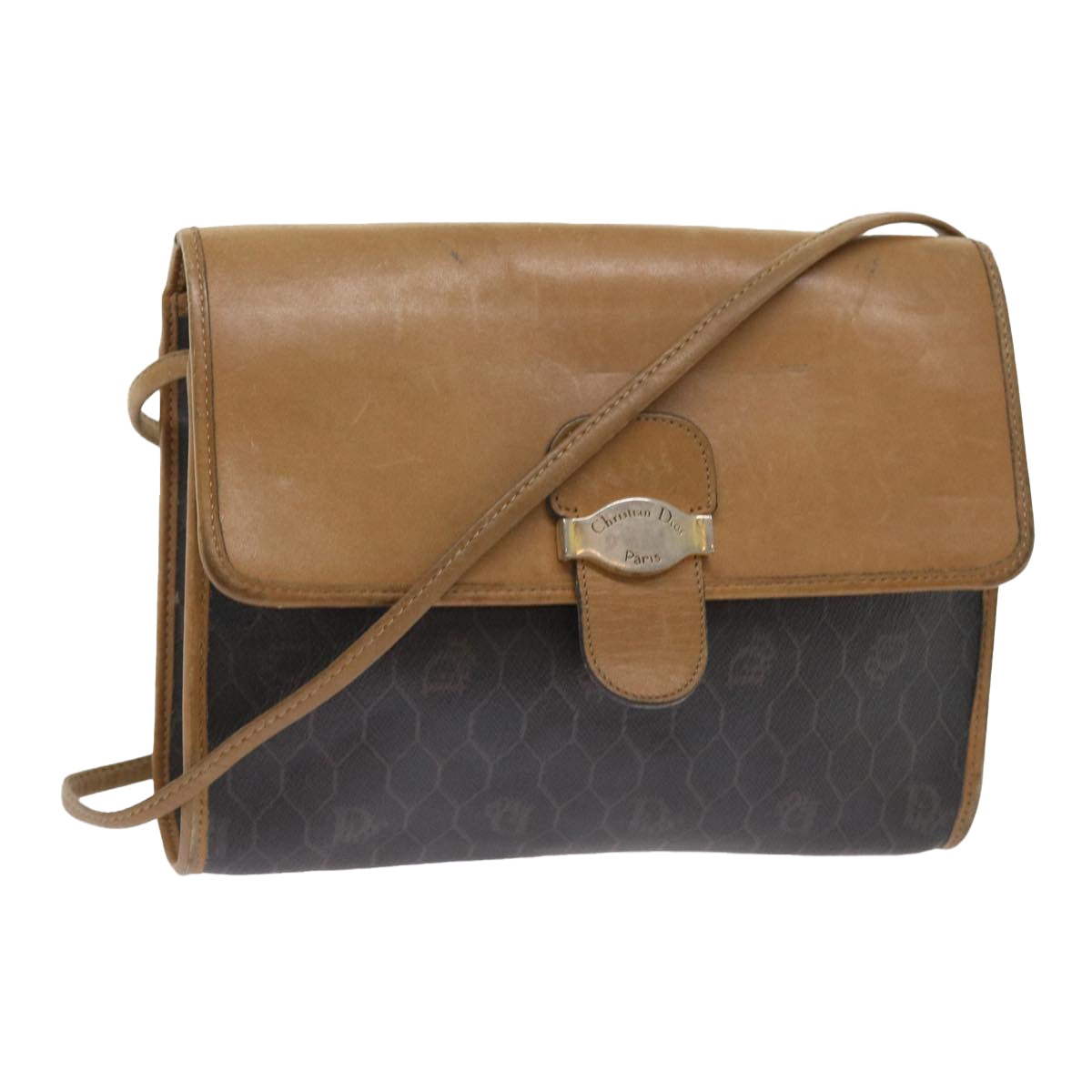 CHRISTIAN DIOR Honeycomb Canvas Shoulder Bag PVC Leather Black Auth am5058