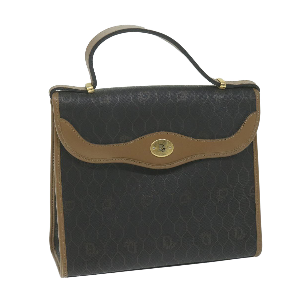 CHRISTIAN DIOR Honeycomb Canvas Hand Bag PVC Leather Black Auth am5756