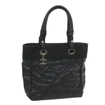 CHANEL Paris Biarritz Tote PM Tote Bag Coated Canvas Black CC Auth ar10719