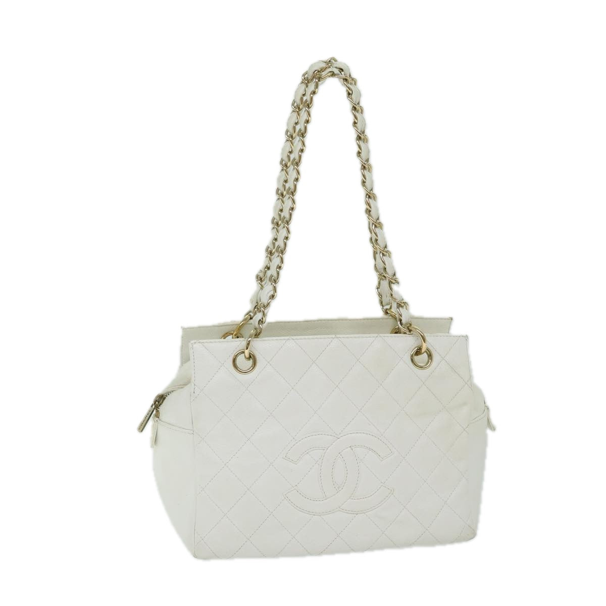 CHANEL Matelasse Chain Shoulder Bag Caviar Skin White CC Auth ar11502