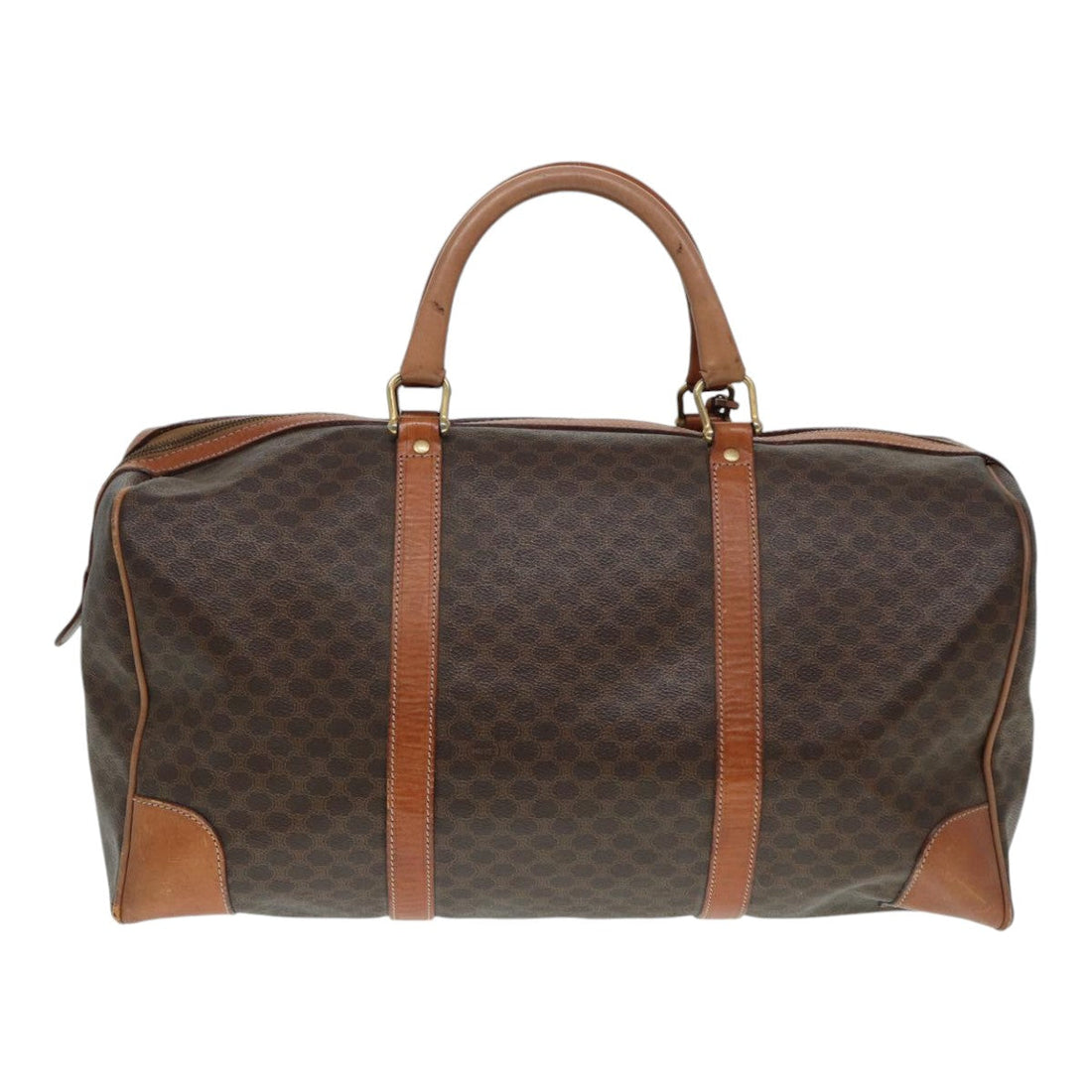 CELINE Macadam Canvas Boston Bag PVC Leather Brown Gold Auth ar12512