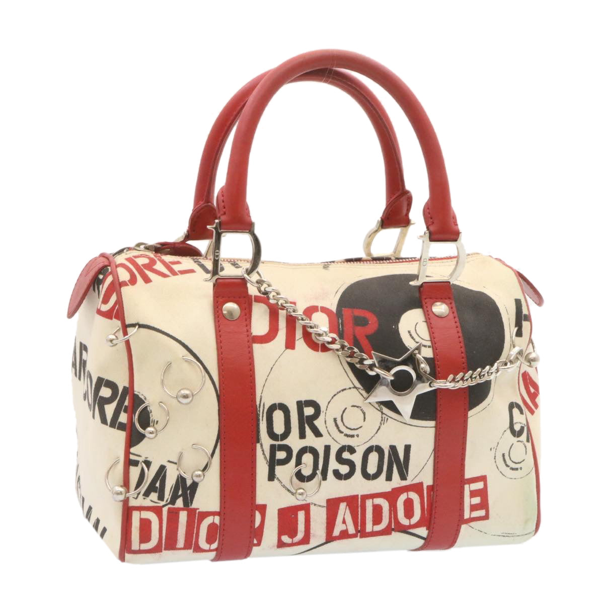 CHRISTIAN DIOR Pop Line Hand Bag Canvas White Red Auth ar4800