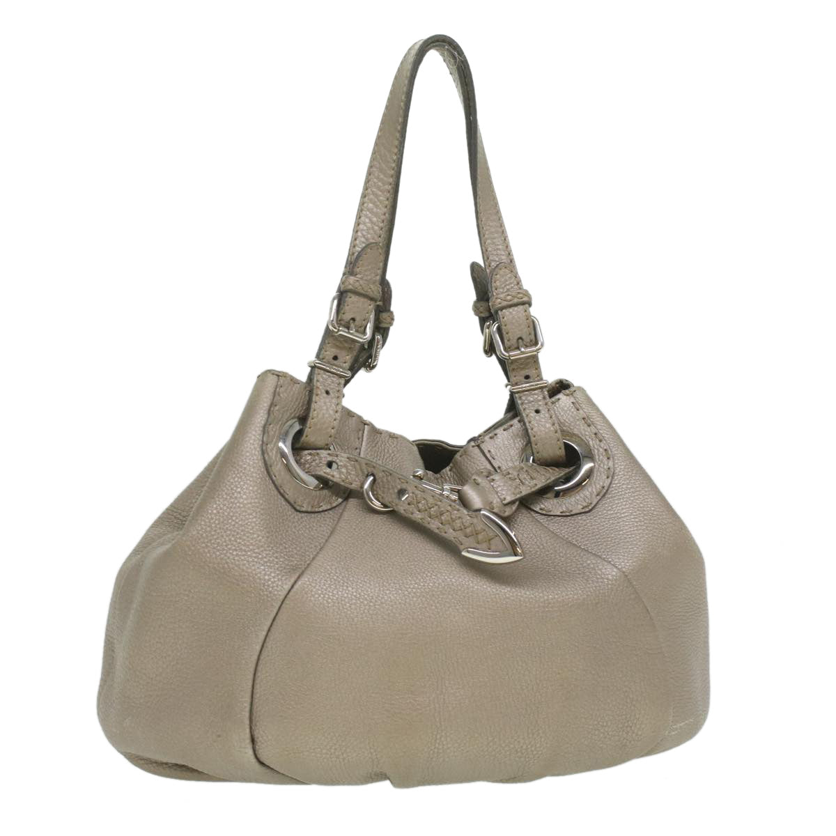 FENDI Celeria Tote Bag Leather Silver Auth ar8876