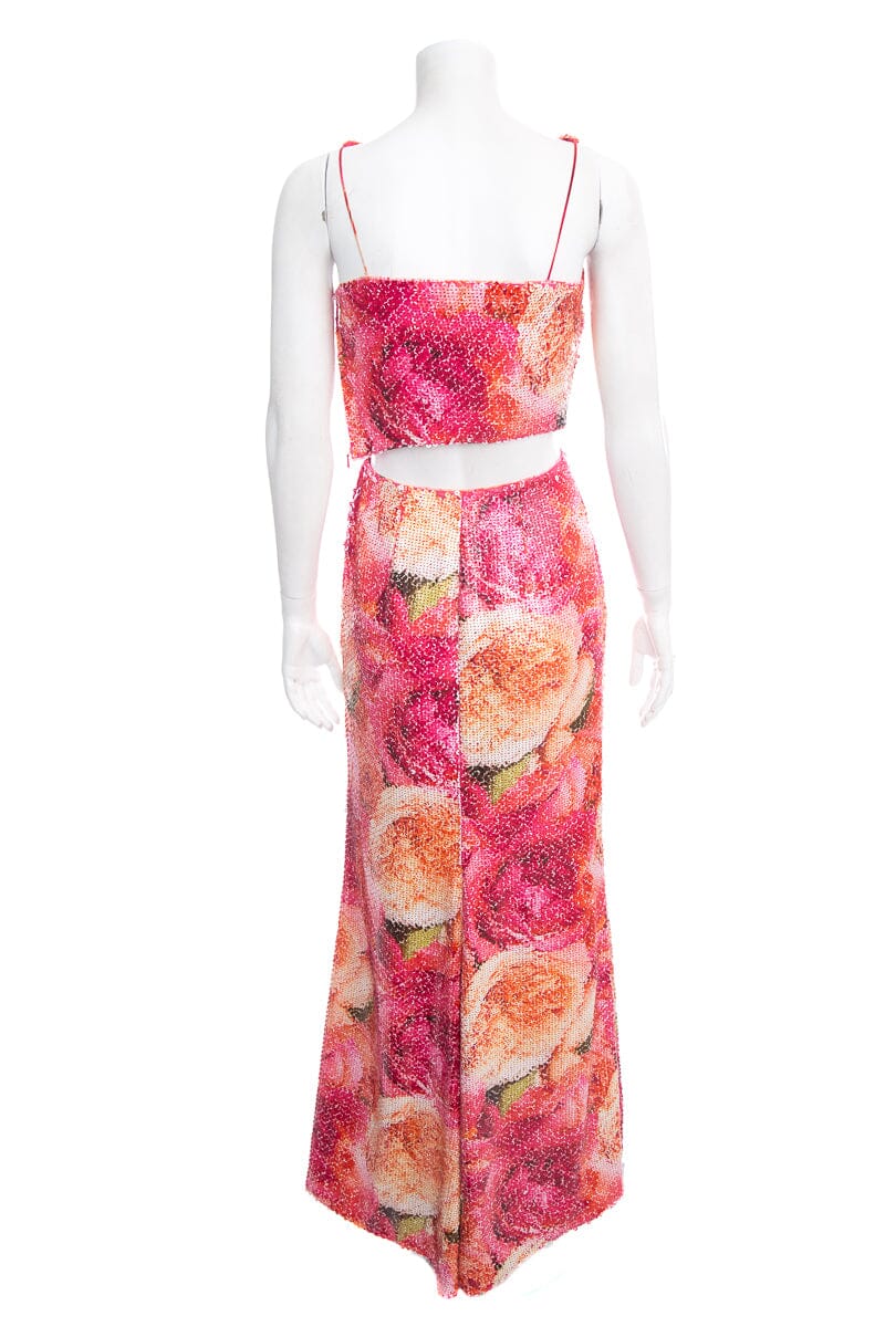 Escada Pink Sequin Floral Crop Top & Skirt Set SZ 36