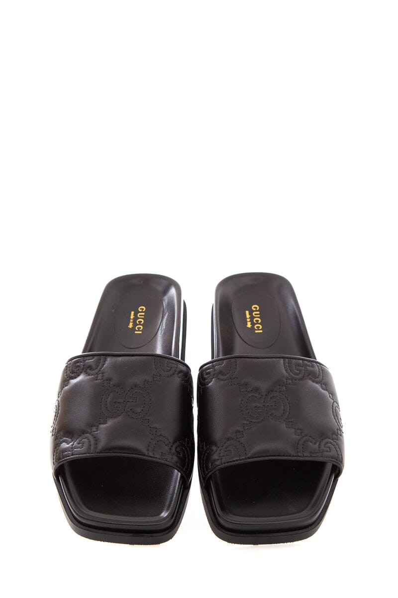 Gucci Black Leather Monogram Slides SZ 37