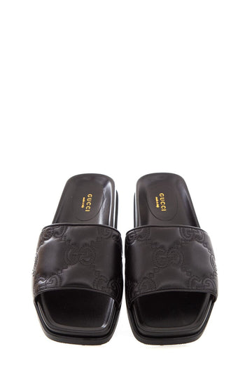 Gucci Black Leather Monogram Slides SZ 37