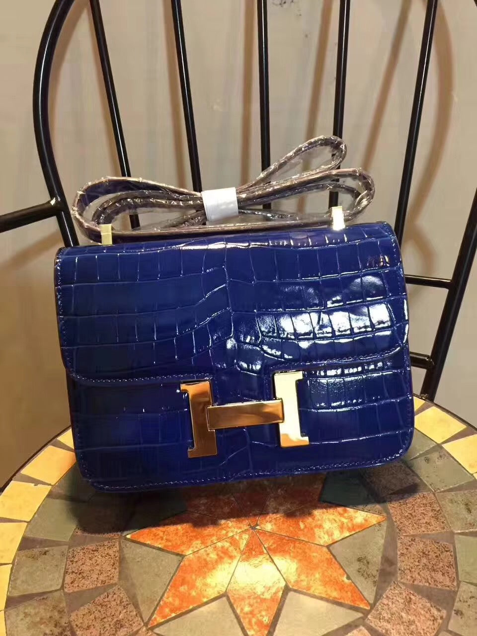 HM Constance 24 Pattern Crocodile Blue For Womtlm, Handbags, Shoulder Bag 9.4in/24cm