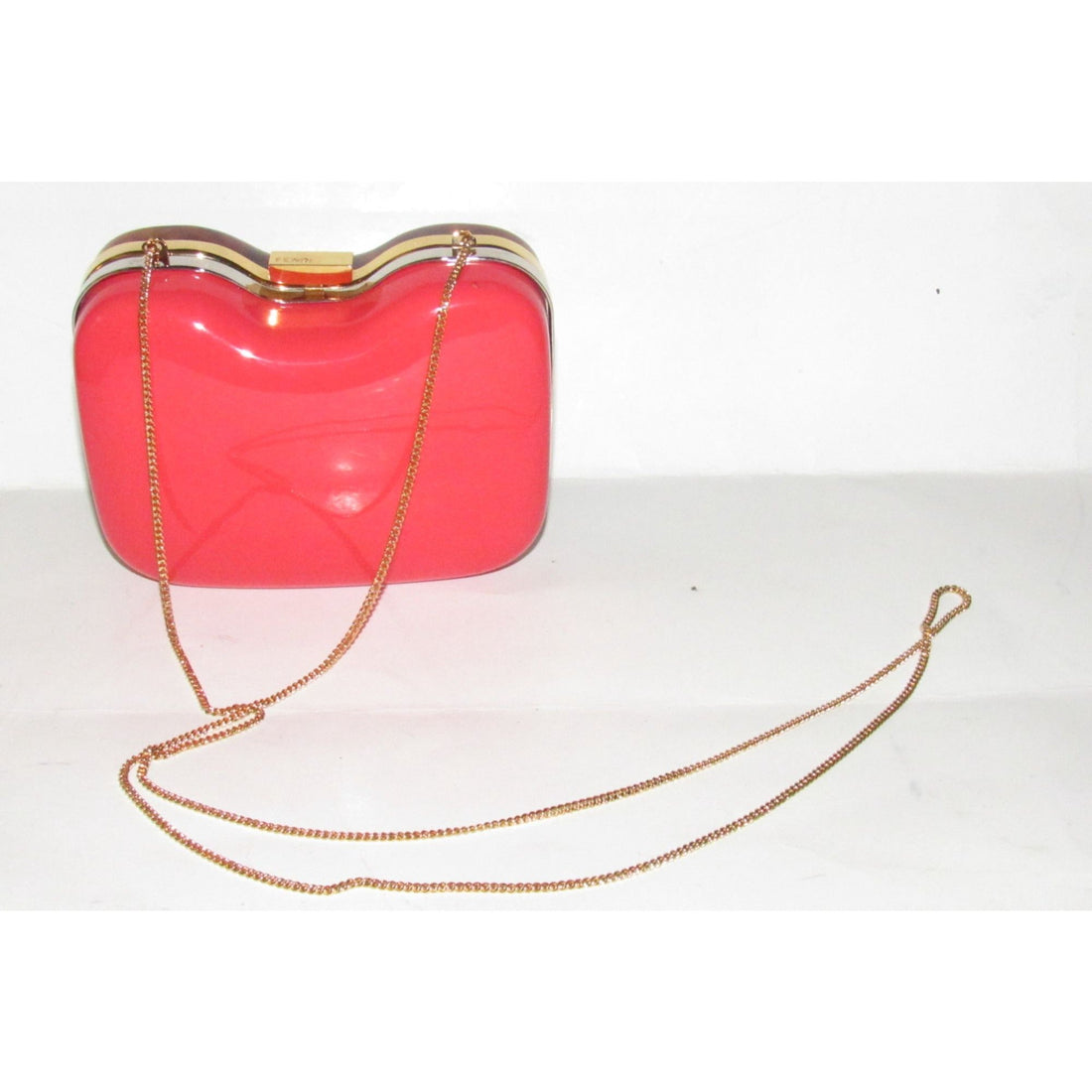 Retro, Fendi two way- clutch or cross body/shoulder clam shell style purse made of red & tortoise shell Lucite with a gold chain strap
