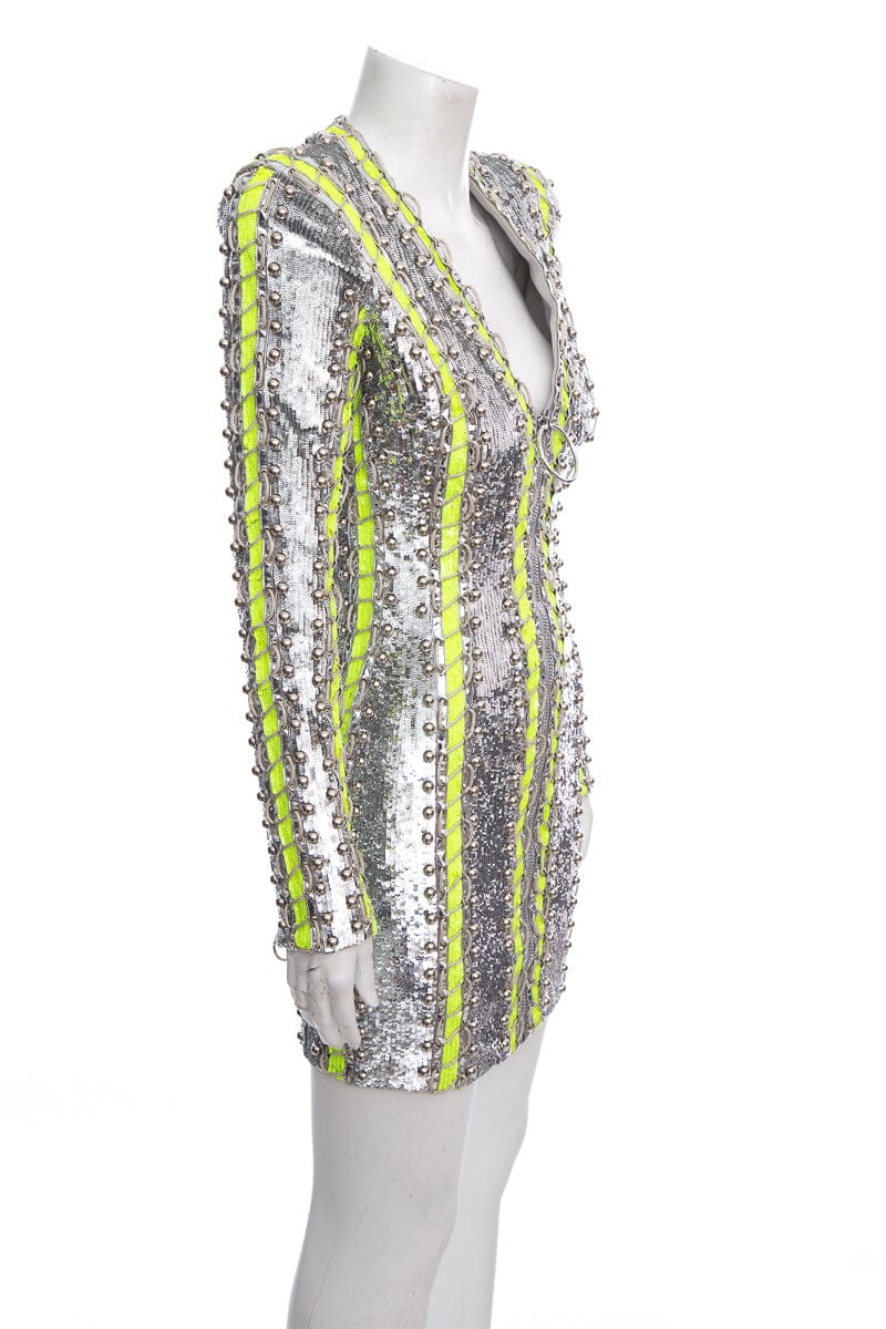 Balmain Silver & Green Sequins Embellished Dress SZ 38